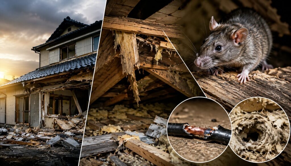 屋根裏の断熱材が荒らされ、配線被害や建物劣化が進行する害獣被害