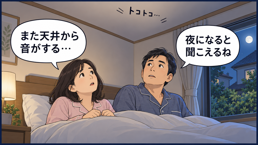 夜中に戸建て住宅の天井裏から聞こえる物音に気づき、天井を見上げる夫婦