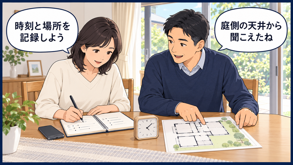 翌朝、天井裏の物音が聞こえた時刻と庭側の場所をノートと間取り図に記録する夫婦