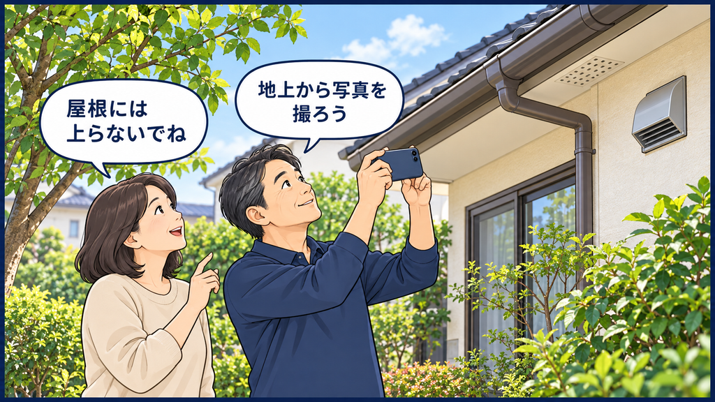 庭の安全な場所から雨どいや軒下、換気口を確認し、スマートフォンで撮影する夫婦