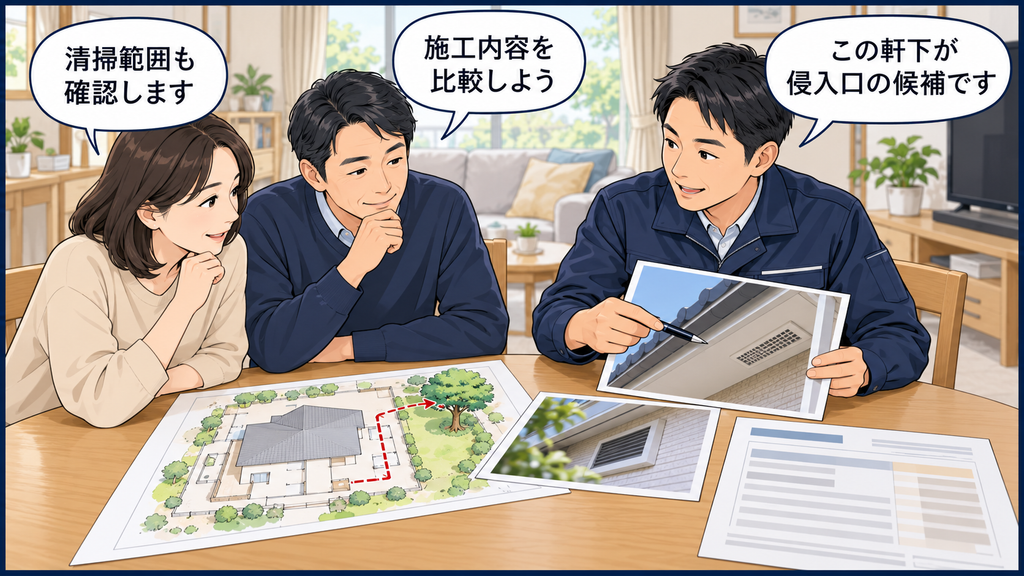 世田谷区の住宅で天井裏の物音を記録し庭木や軒下を確認して害獣駆除業者へ相談する夫婦