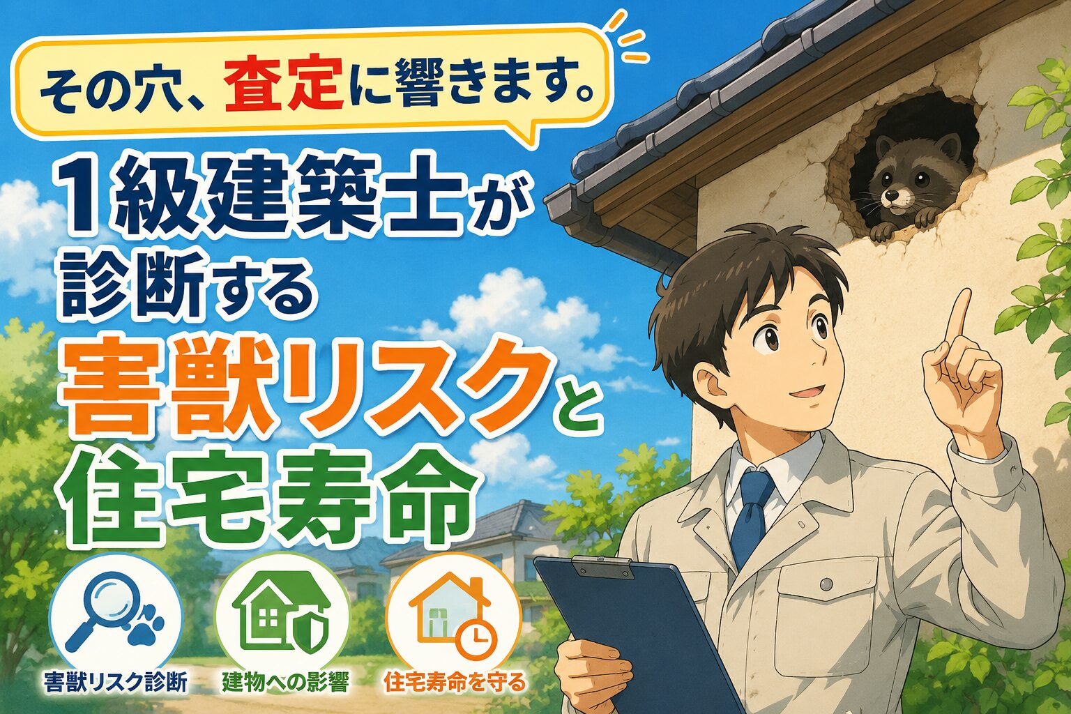 住宅の壁の穴から害獣が顔を出している様子を、1級建築士の男性が指差し確認しているブログアイキャッチ画像。「その穴、査定に響きます。1級建築士が診断する害獣リスクと住宅寿命」という大きな文字入りで、住宅の資産価値や住宅寿命への影響を分かりやすく表現している。