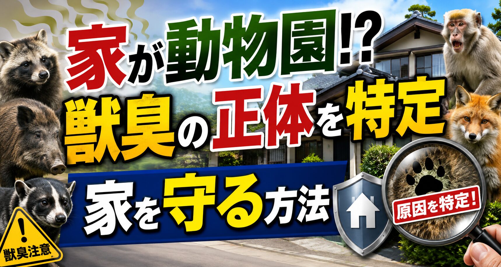 家の周囲にアライグマ・イノシシ・サル・キツネなどの野生動物が集まり、「家が動物園！？ 獣臭の正体を特定し家を守る方法」と大きく表示された害獣対策をテーマにしたブログアイキャッチ画像。