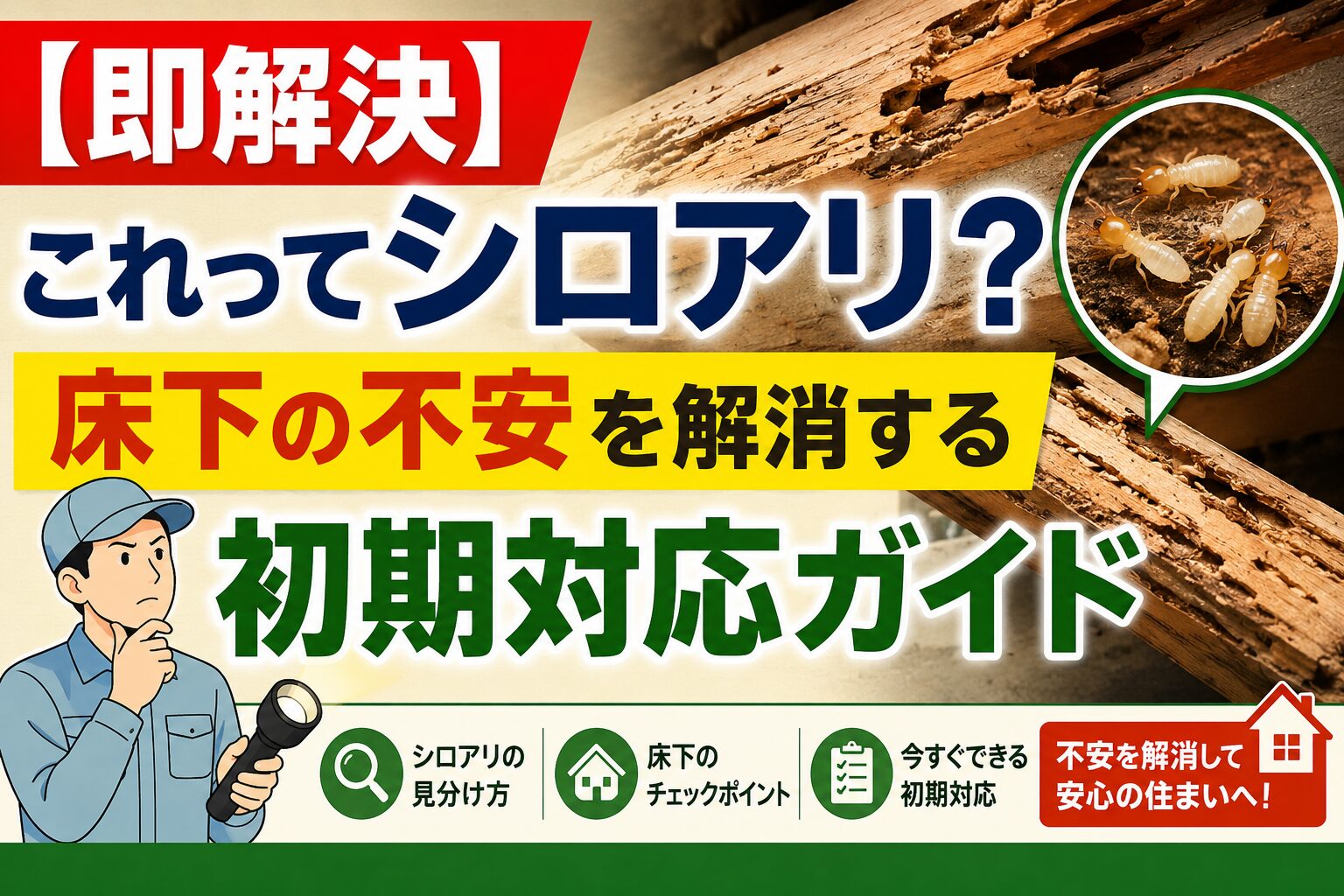 床下の木材を食い荒らすシロアリの被害と、不安を解消するためにスマホで相談する様子