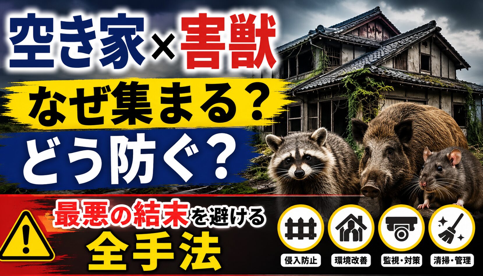 放置された空き家の床下に潜む害獣と、それによって荒らされた天井裏のイメージ