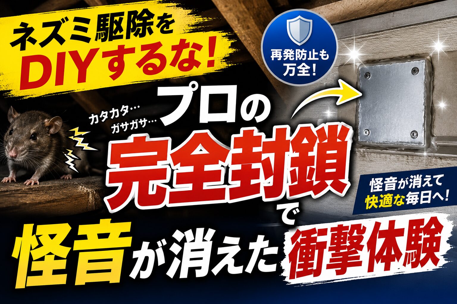 ネズミ駆除のプロが家の屋根裏や基礎の隙間を徹底的に調査して完全封鎖している様子