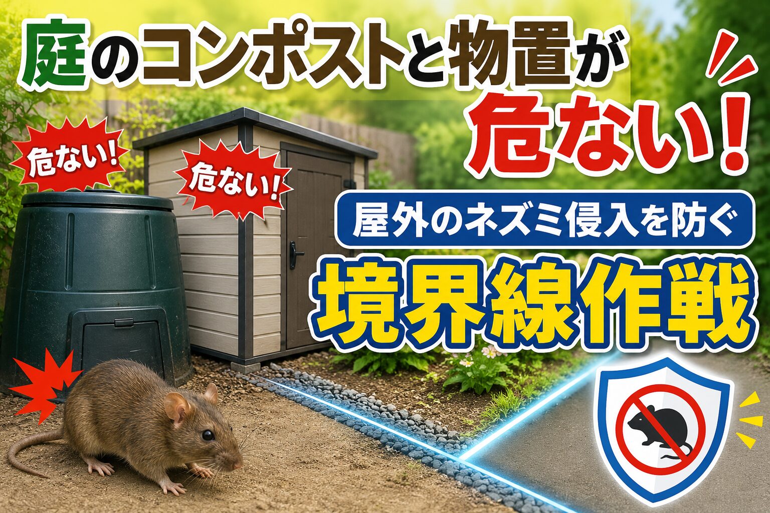 庭のコンポストと物置の隙間から家を狙うネズミと、害獣対策の境界線イメージ