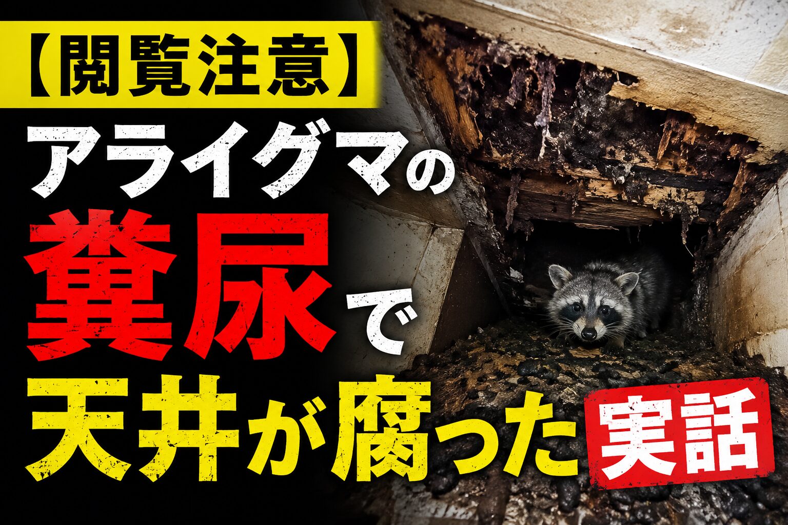 天井裏に侵入したアライグマの糞尿被害で腐食した天井を不安そうに見上げる住宅オーナー