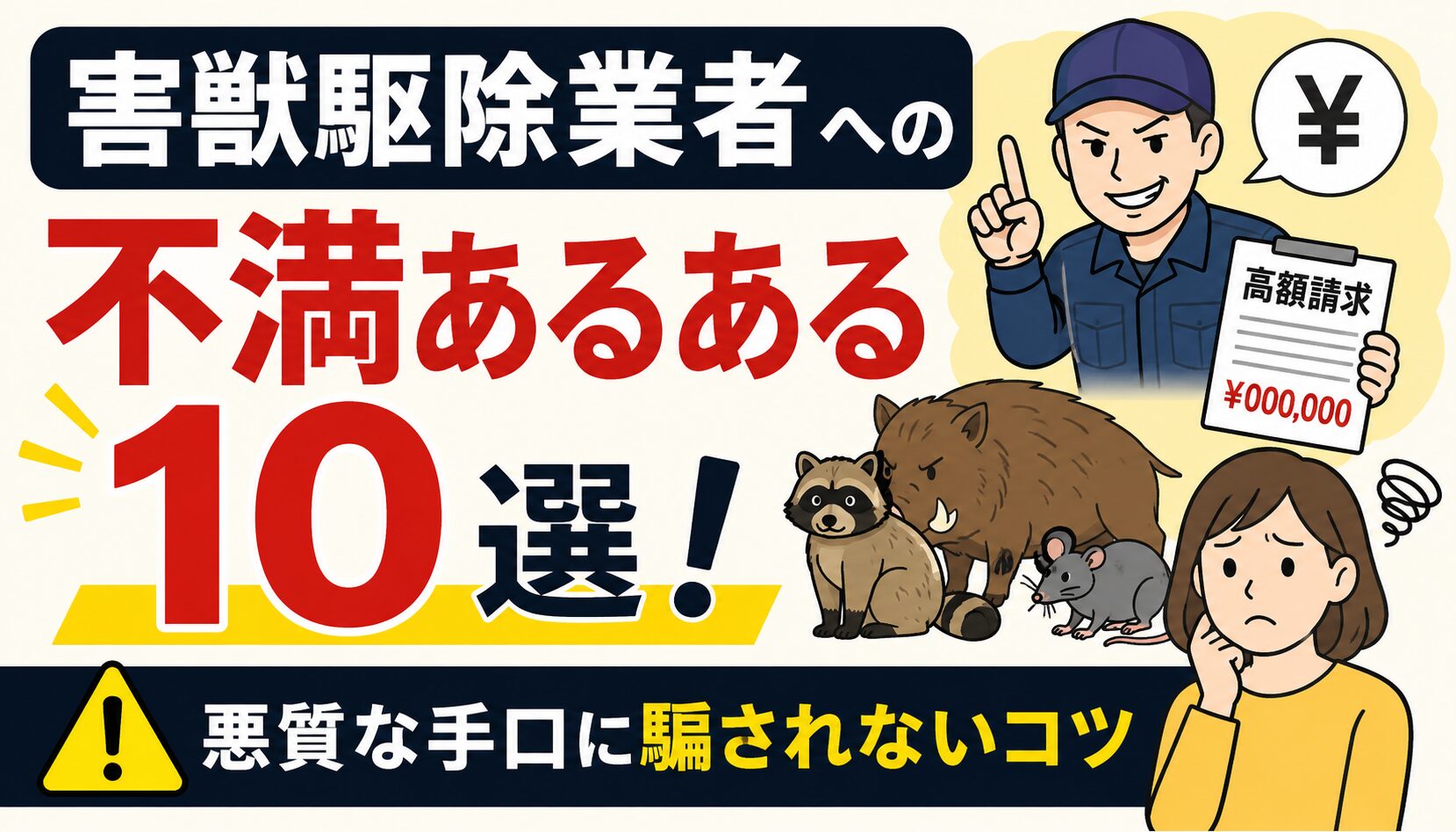 天井裏のシミを見つめて不安そうな表情を浮かべる主婦と、怪しい害獣駆除業者のイメージ