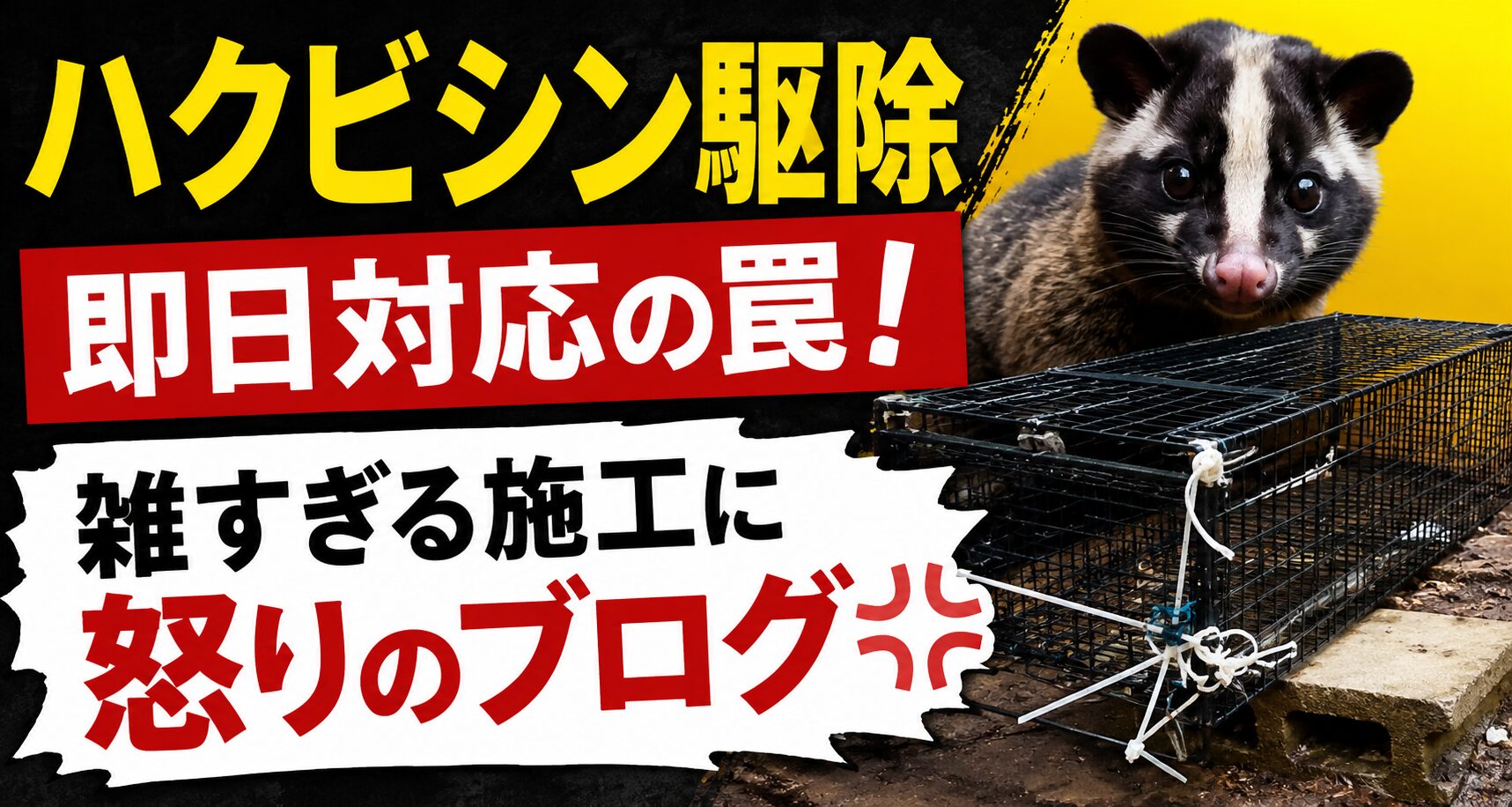 ハクビシン駆除の雑な施工で破壊された屋根裏と、飛び散る糞尿のイメージ