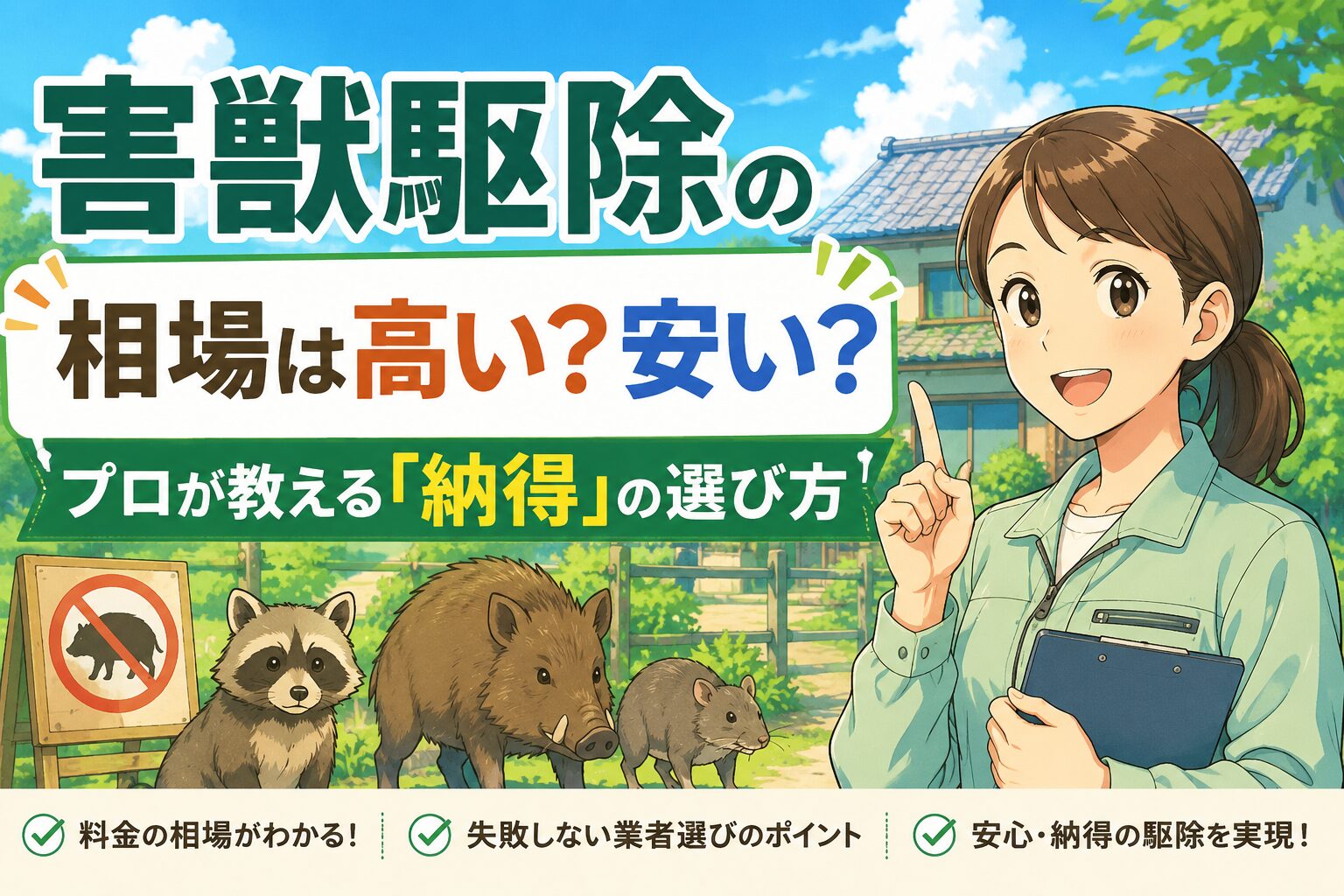 「害獣駆除の相場は高い？安い？プロが教える『納得』の選び方」という文字と、笑顔で解説する女性スタッフ、アライグマ・イノシシ・ネズミのイラストが描かれたアイキャッチ画像