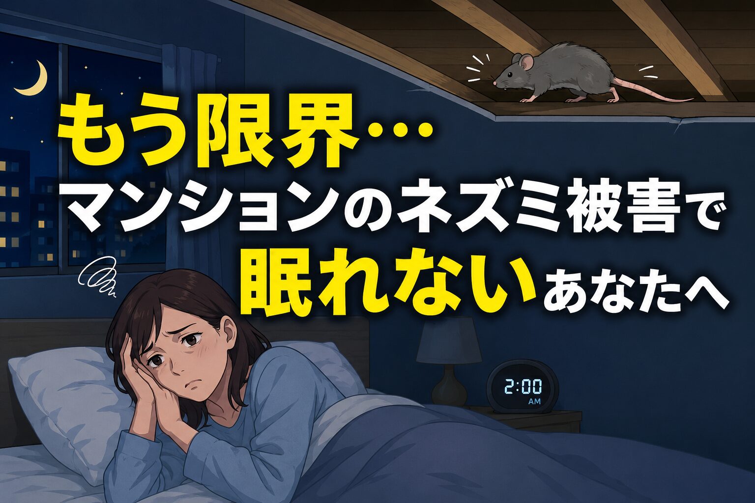 深夜のマンションでネズミ被害に悩み眠れない女性と天井裏のネズミをイメージしたイラスト