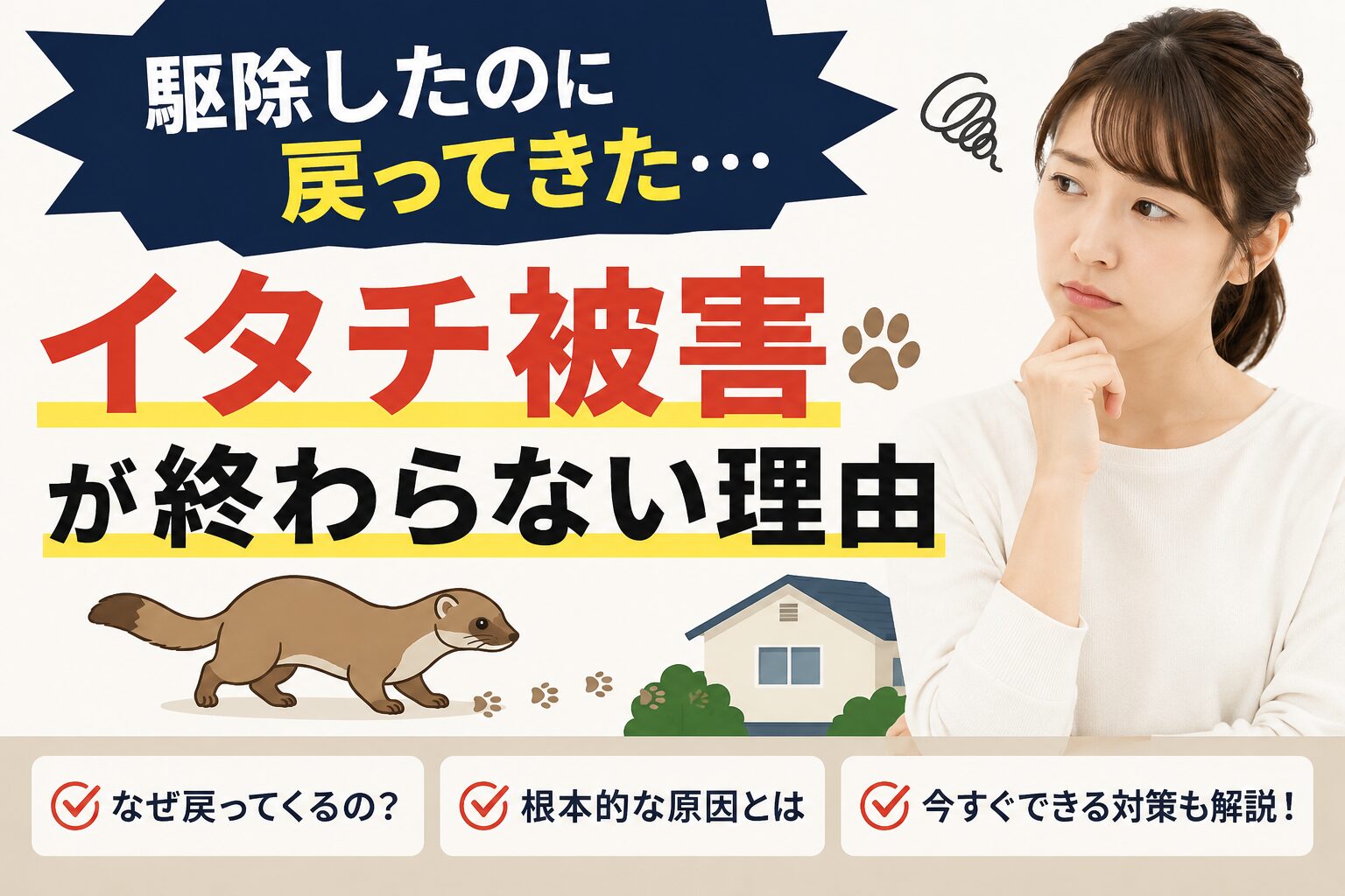 不安そうな女性と住宅の屋根にいるイタチ。駆除後も再侵入を繰り返すイタチ被害を表現した画像。