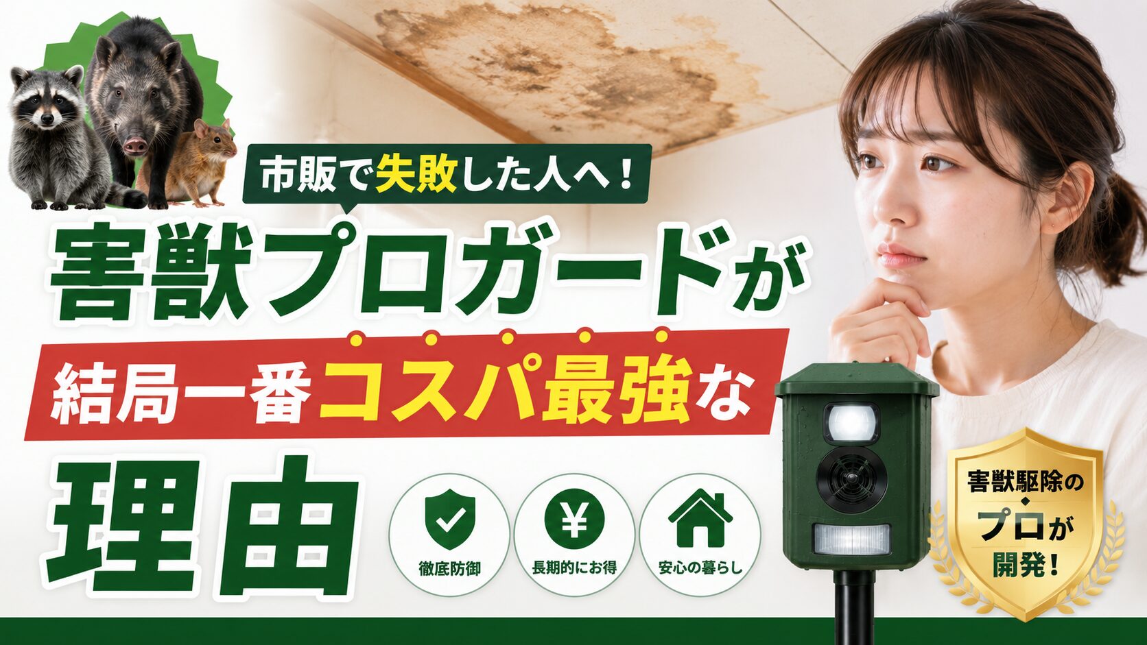 害獣被害で天井裏にシミが広がり、家の資産価値が落ちるイメージ