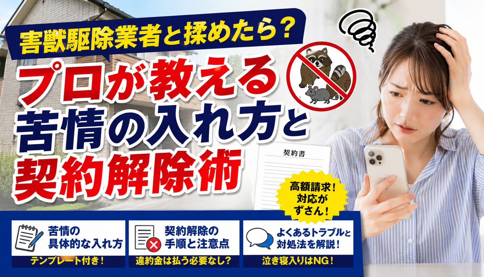 害獣駆除業者との契約トラブルに頭を抱え、不安な表情でスマホを見る住宅の所有者