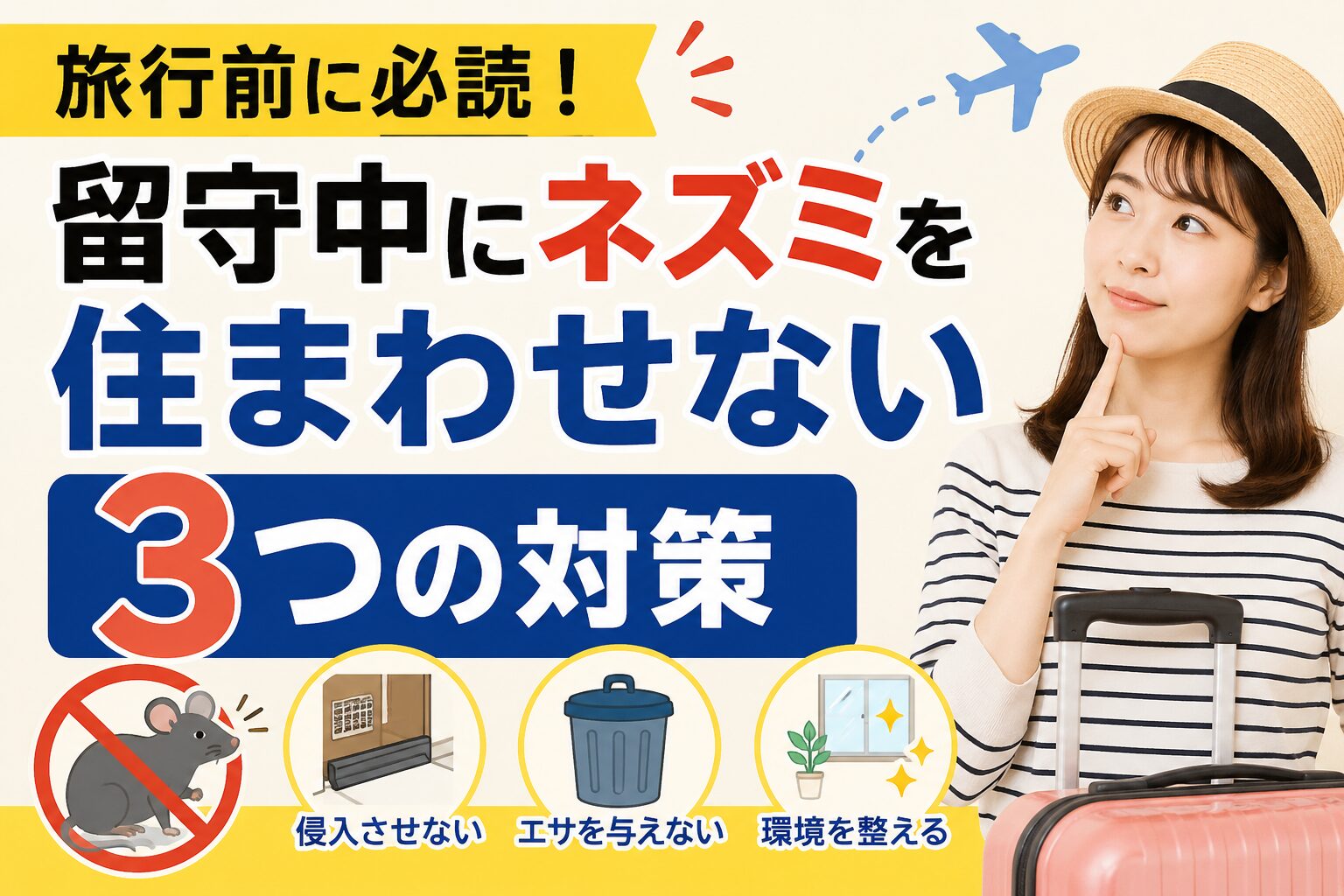 旅行前に家を確認する女性と、夜の住宅に忍び込もうとするネズミをイメージした防犯・害獣対策イラスト