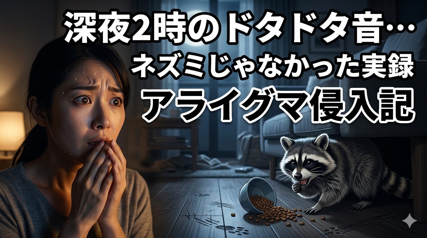 深夜の住宅で天井裏から聞こえる足音に不安そうな表情を浮かべる女性