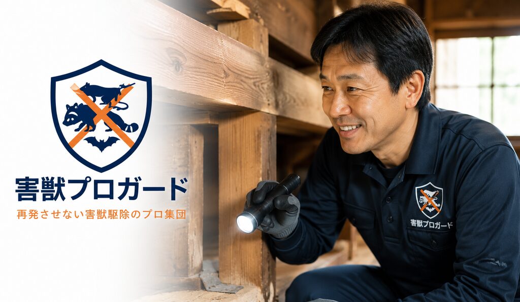 害獣プロガードのロゴと、笑顔で親身になって木造店舗の構造をチェックする、経験豊富な熟練スタッフの顔写真