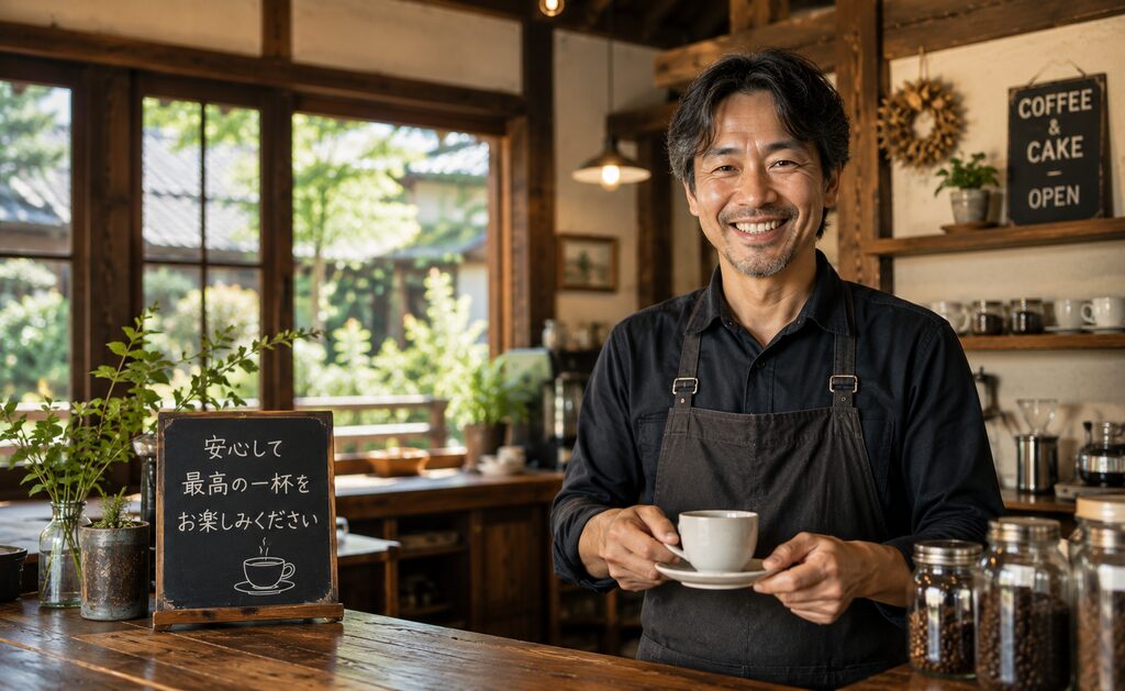 害獣プロガードによる駆除が完了し、ネズミの脅威から完全に解放され、安心してお客様に最高のコーヒーを提供する古民家カフェ店主の晴れやかな笑顔