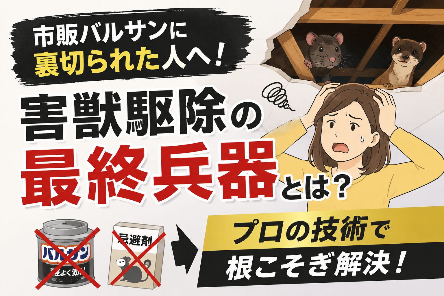 市販のバルサンや忌避剤を使っても天井裏から消えないネズミやイタチの脅威に頭を抱える住宅所有者のイラスト -->