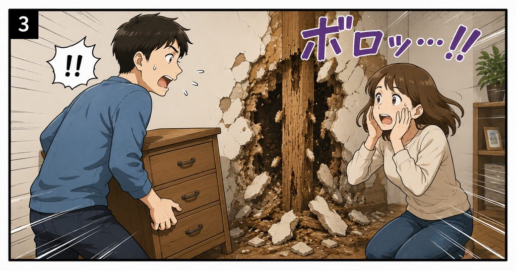 家具を動かしたら壁がボロボロに崩れてパニックになる夫婦