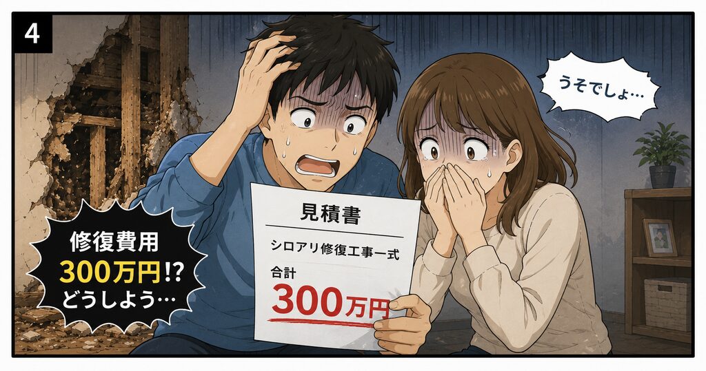 高額なシロアリ修復費用の見積書を見て絶望する夫婦
