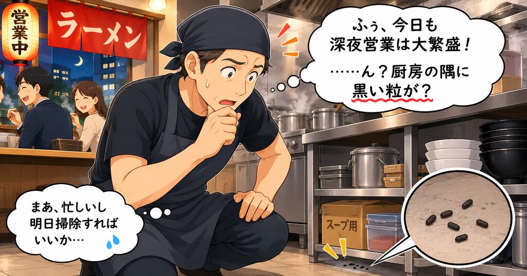 深夜営業のラーメン店で厨房の隅に落ちているネズミのフンを見つける店主のイラスト