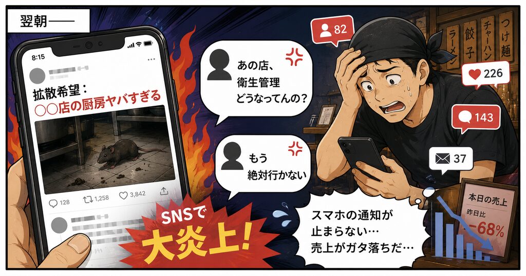 スマホ画面に「拡散希望：〇〇店の厨房ヤバすぎる」と炎上しているイラスト