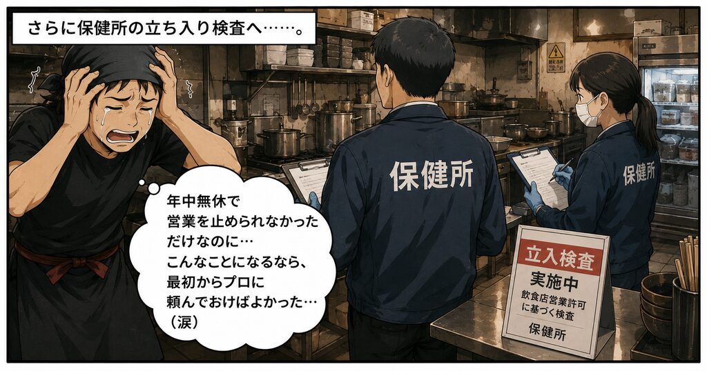 保健所の職員が立ち入り検査に入り、店主が頭を抱えているイラスト