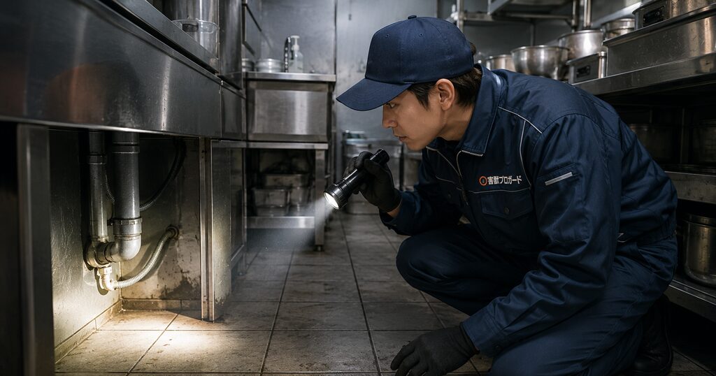 プロの業者がライトを照らし、厨房の隙間や配管の導入部分を調査している様子