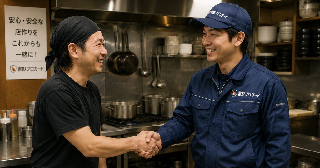 駆除完了後、笑顔で店舗スタッフと握手する害獣プロガードの作業員