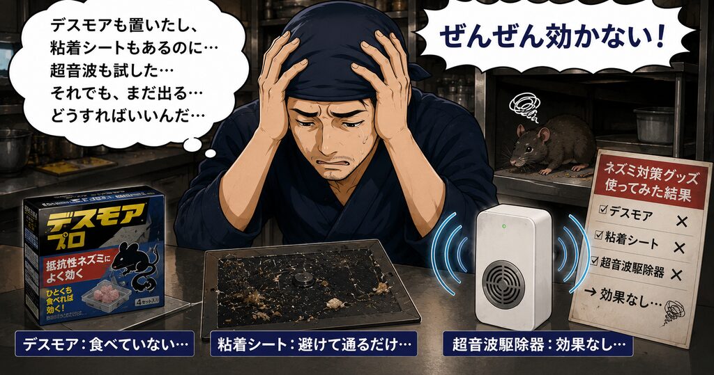 市販のデスモアや粘着シート、超音波駆除器が効かずに悩む飲食店オーナー
