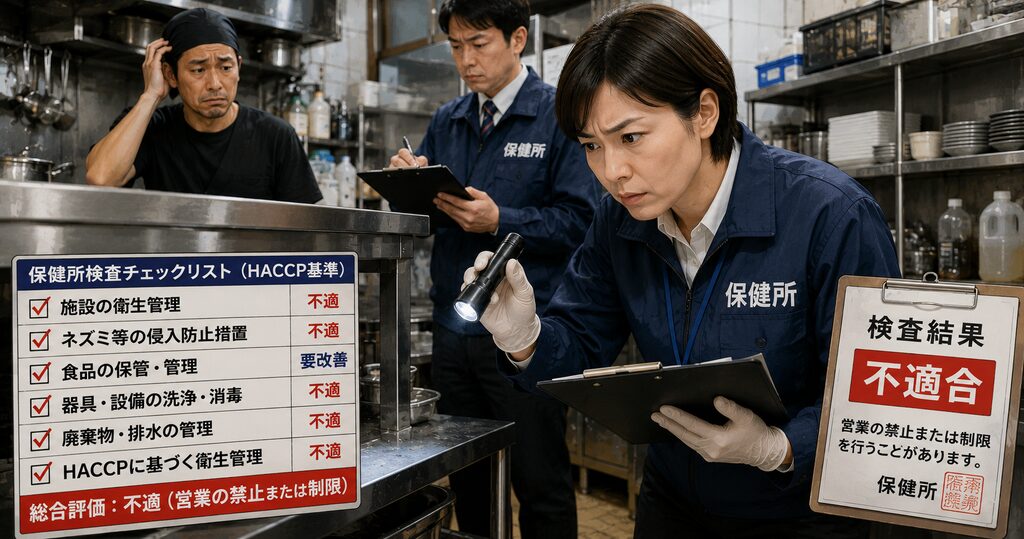 HACCP基準に沿って飲食店の厨房を厳しくチェックする保健所職員