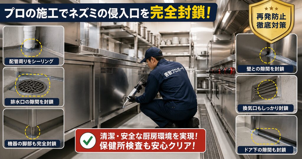 プロの害獣駆除業者によって隙間が完全にシーリングされた飲食店の厨房