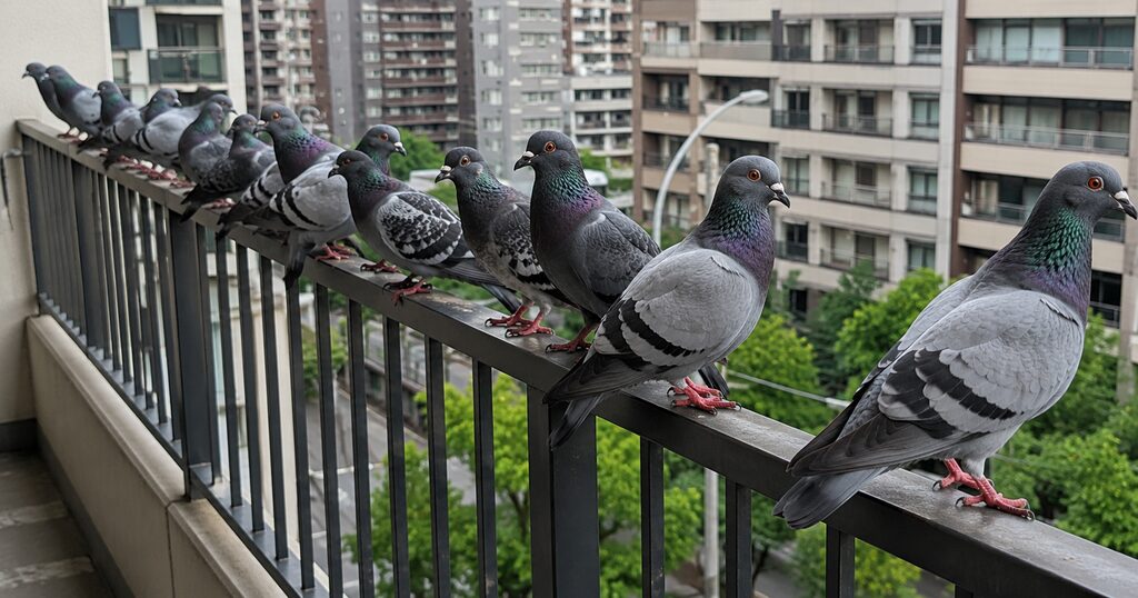 ベランダの手すりに群がる複数の鳩のリアルな写真