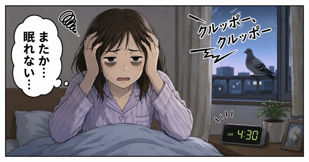 朝、爽やかに起きるはずが、時計は午前4時半。外から「クルッポー、クルッポー」と重低音の鳴き声。主人公(主婦)が目の下にクマを作って「またか…眠れない…」と頭を抱えている。