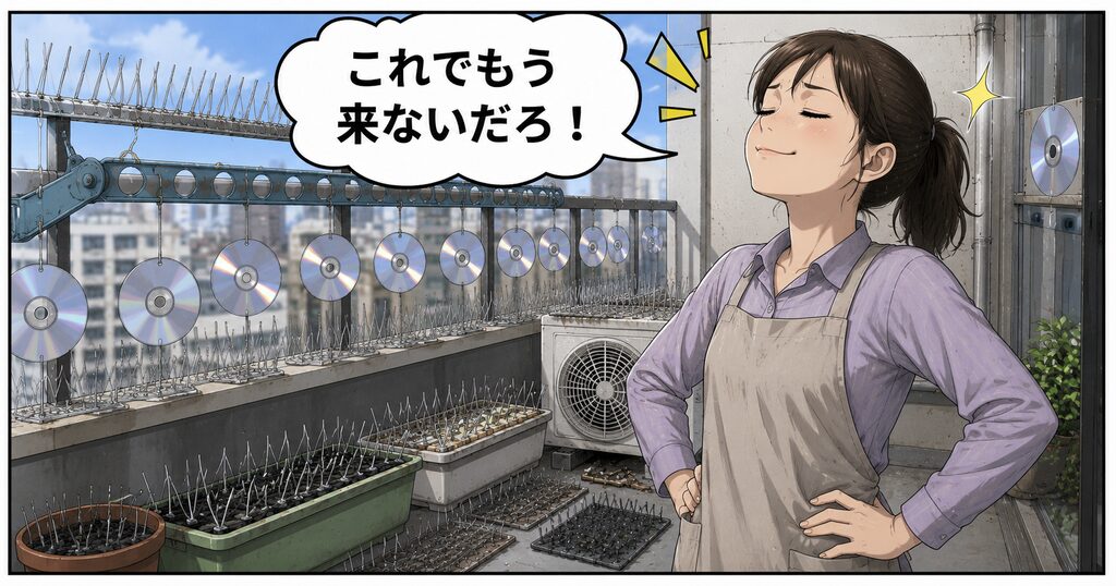 3コマ目: 「これでもう来ないだろ!」と、ネットで調べたトゲトゲシートやCDを大量に設置。ドヤ顔で見つめる主人公。