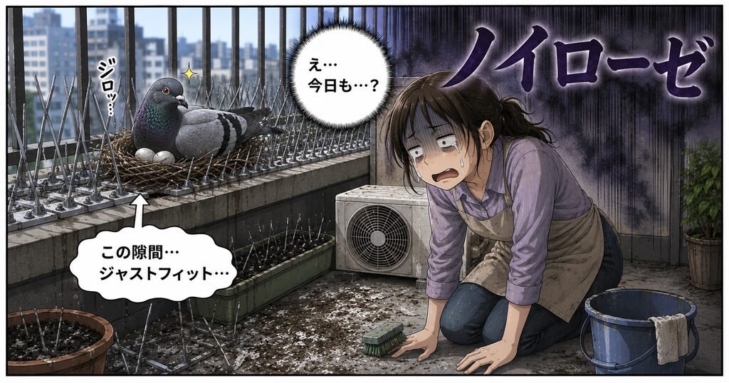 翌日。トゲトゲの「隙間」にジャストフィットして、まるで我が物顔で卵を温めている鳩と目が合う。主人公がガクッと膝から崩れ落ち、背後に「ノイローゼ」の文字。