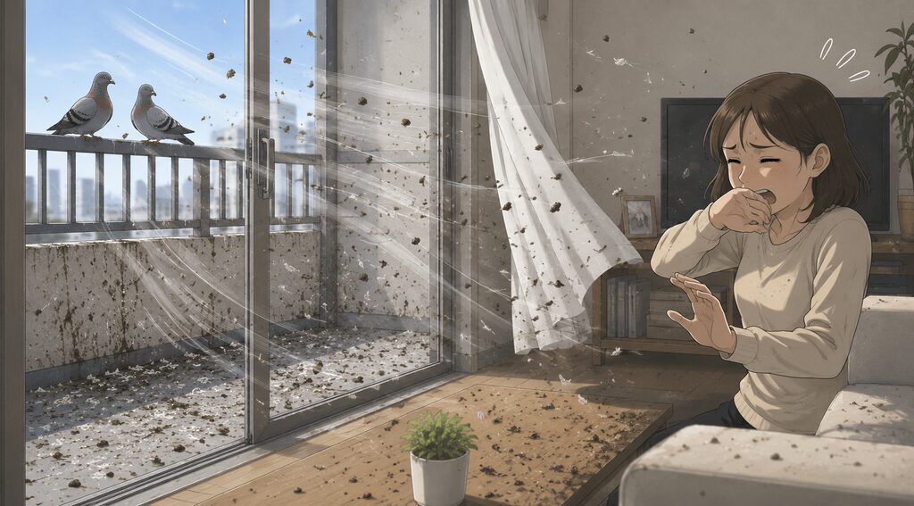 乾燥したフンが風で舞い上がり、部屋の中に侵入するイメージイラスト