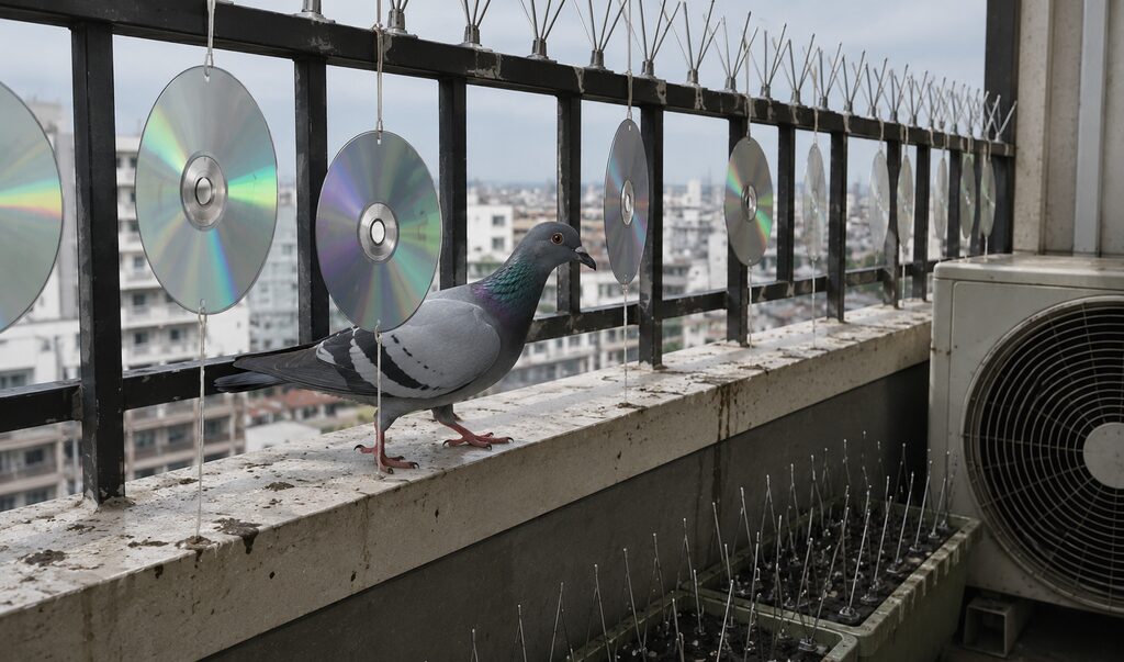 ベランダに吊るされたCDの横を、何食わぬ顔で通り抜ける鳩の写真