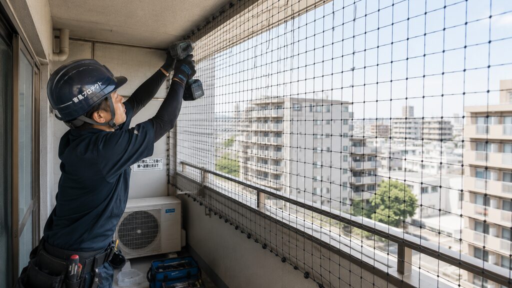 プロのスタッフが、ベランダの隅々まで寸分の隙間なく頑丈なネットを張る作業風景