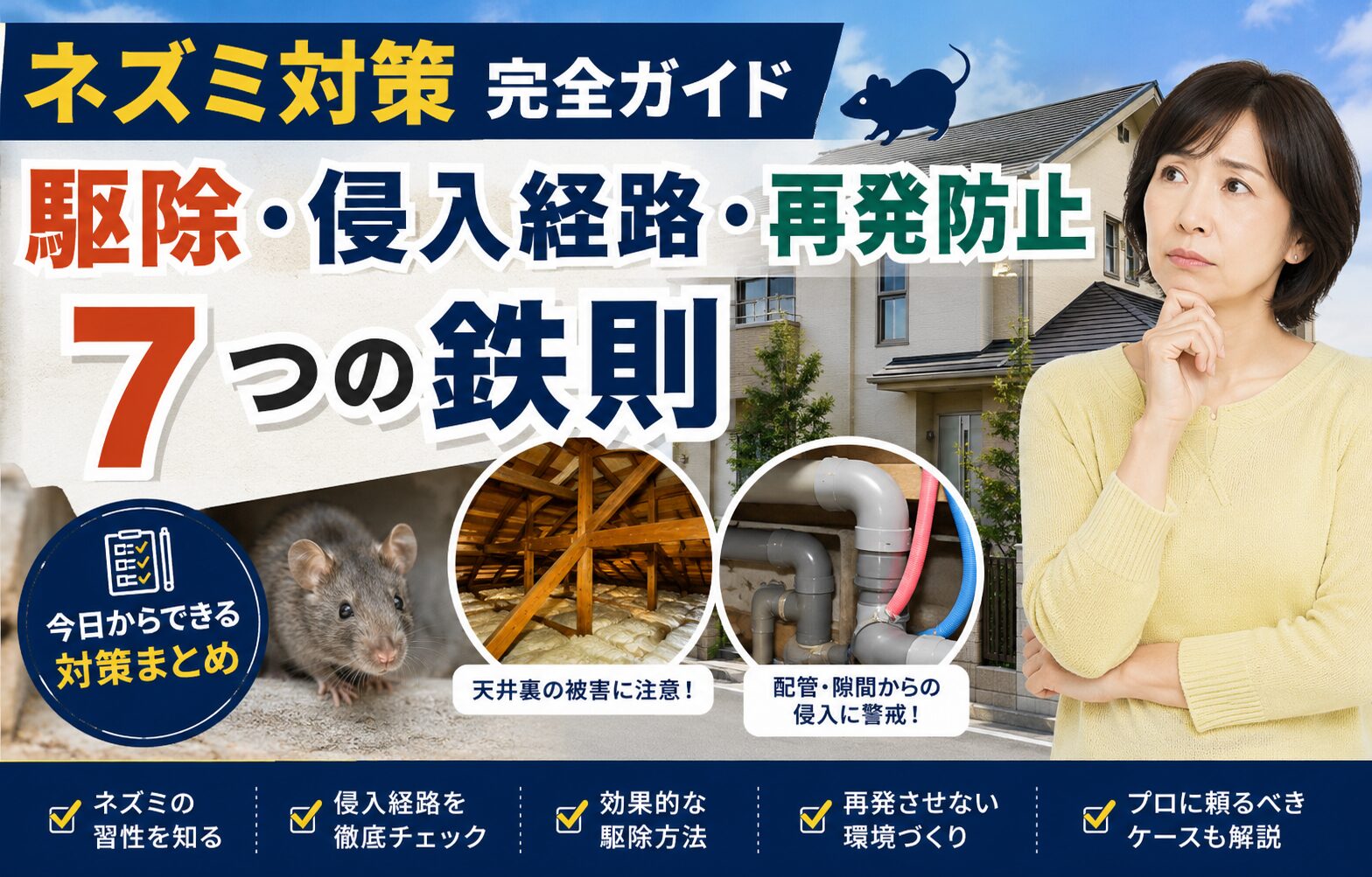 40〜50代くらいの日本人女性＋戸建て＋天井裏や配管のイメージ