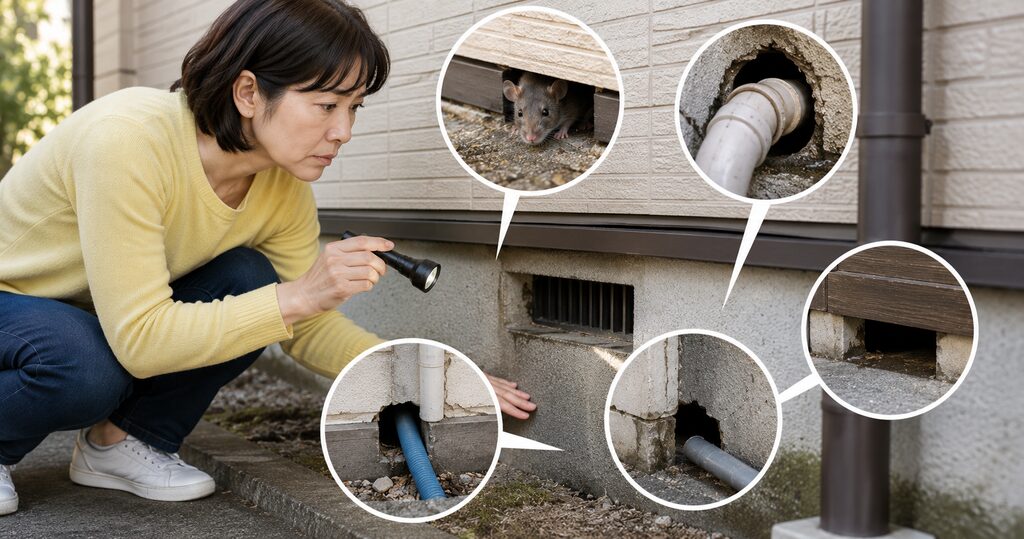 戸建て住宅の基礎や配管まわり、外壁の隙間など、ネズミの侵入経路を懐中電灯で確認する女性