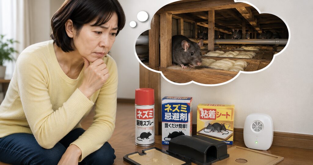 ネズミ駆除スプレーや粘着シートなどの市販品を使っても、天井裏にネズミが残っていることに悩む女性
