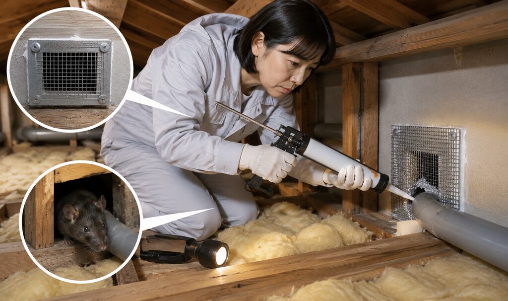 「ネズミの再発防止のため、天井裏の配管まわりや換気口などの侵入口を金網や充填材で封鎖する作業員