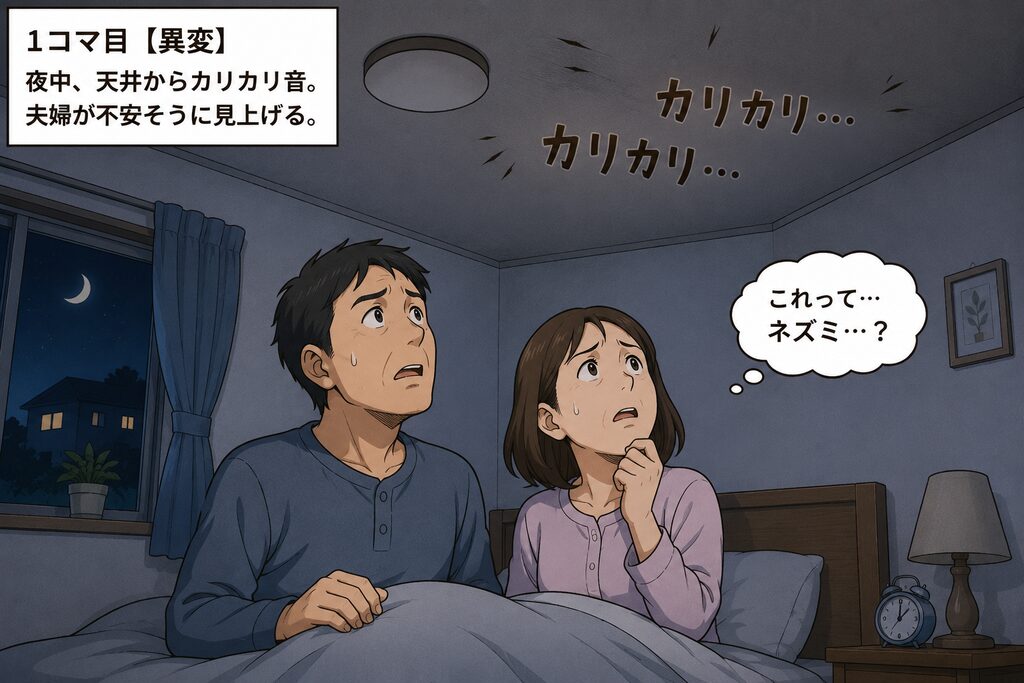 夜中、天井からカリカリ音。夫婦が不安そうに見上げる。