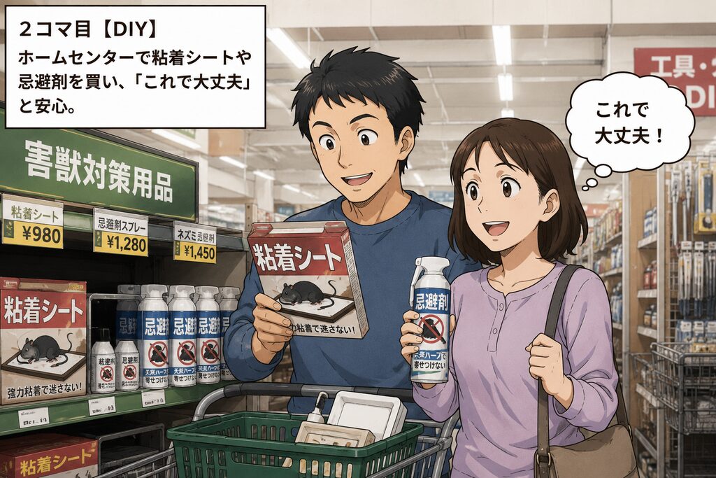ホームセンターで粘着シートや忌避剤を買い、「これで大丈夫」と安心。