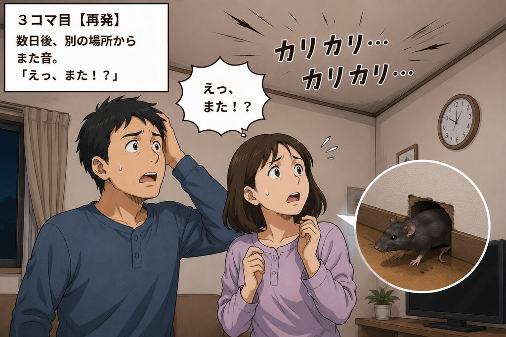数日後、別の場所からまた音。「えっ、また！？」　と驚く夫婦