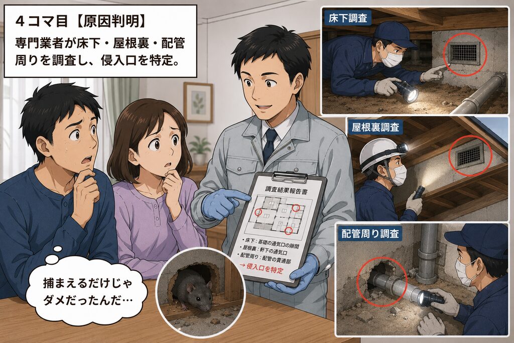 専門業者が床下・屋根裏・配管周りを調査し、侵入口を特定。 夫婦「捕まえるだけじゃダメだったんだ」