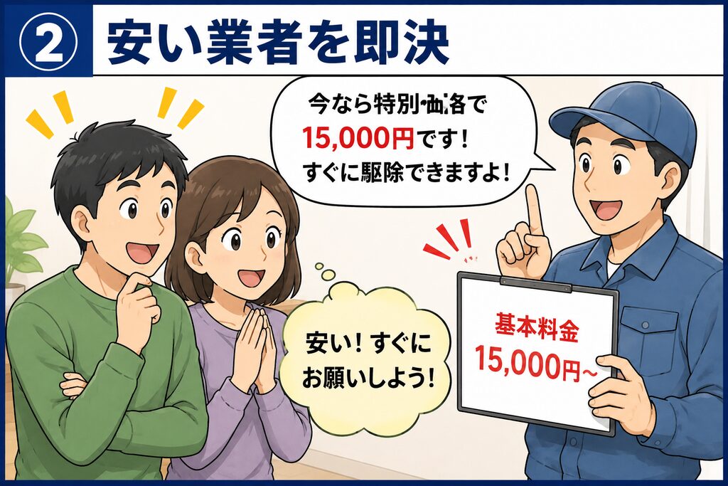 ネズミ駆除の安い基本料金を見て、施工内容や総額を比較せず業者へ即決する夫婦